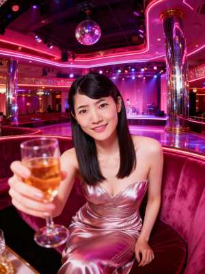 薄暗いナイトクラブの環境で、ピンクのサテンのドレスを着てシャンパンのグラスを持ってい...。