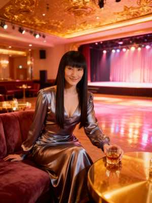 豪華な劇場の中でソファに座り、ウィスキーのグラスを持った女性を横から撮影したフォトリ...。