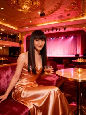 豪華な劇場で赤いベルベットのソファに座り、ウィスキーのグラスを持った女性を横から撮っ...。