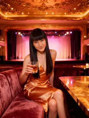 薄暗い劇場で豪華なソファに座り、ウィスキーのグラスを持った女性を正面カメラのアングル...。