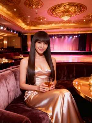 薄暗い劇場で豪華なソファに座り、ドリンクのグラスを持った女性を正面から写実的に撮影した写真。