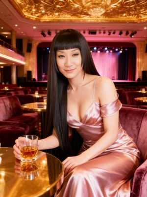 豪華なレストランでウィスキーを飲みながらテーブルに座る女性を横から撮影した写実的な写真。