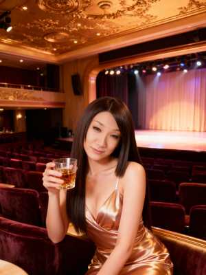 豪華な劇場でウィスキーのグラスを持って座っている若い女性を正面カメラのアングルから写...。