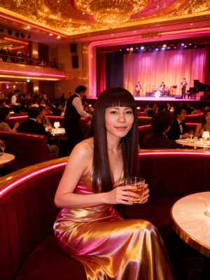 華やかな装飾とステージを背景にした大宴会場で、豪華なレストランに座ってドリンクを持っ...。