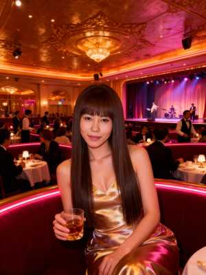 高級レストランでウィスキーのグラスを持った若い女性を正面から写実的に撮影したもの。