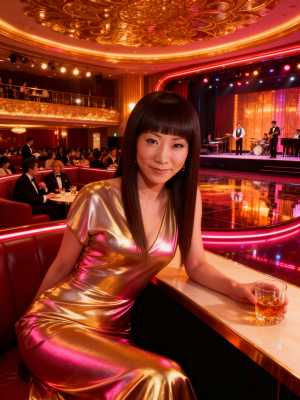 豪華な劇場の雰囲気の中で、光沢のあるゴールドのドレスを着てバーに座り、ウィスキーのグ...。