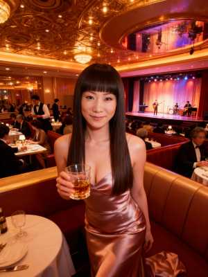 豪華なレストランでウィスキーのグラスを持った女性を正面カメラのアングルから写実的に撮...。