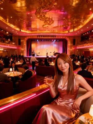 豪華な劇場の中でウィスキーのグラスを持ち、カメラに向かって微笑む女性を正面から写実的...。