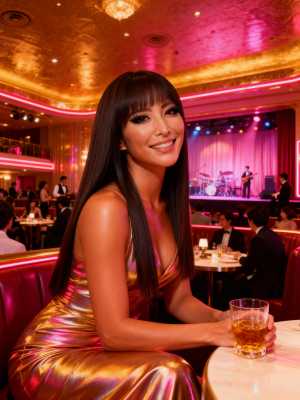 薄暗いレストランのテーブルに座り、ウィスキーのグラスを持ち満面の笑みを浮かべている、...。