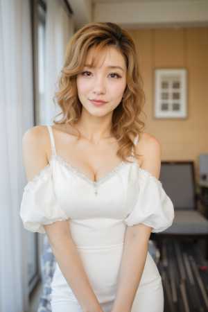 屋内で自信を持ってポーズをとる、白いドレスを着たウェーブのかかった茶色の髪の若い女性...。