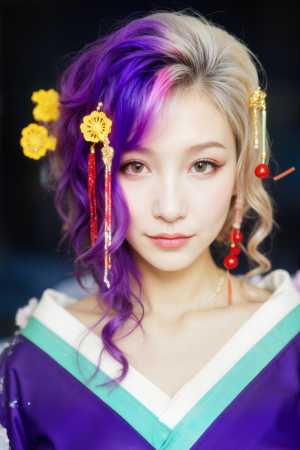 和服を着て色とりどりのアクセサリーを身につけた、穏やかな表情の若い女性を写実的に描いた作品。