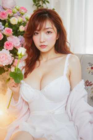 ピンクと白のバラの花束を背景にソファに座る若い女性を正面から写実的に撮影したもの。