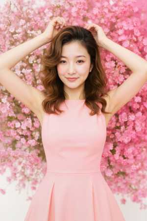 ピンクの桜の花を背景にポーズをとる若い女性をポートレート カメラ アングルから撮影し...。