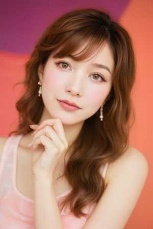 柔らかいピンクと紫のグラデーションの背景に対してリラックスした姿勢でポーズをとる、ウ...。