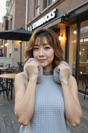 屋外カフェのスターバックス コーヒー ショップの前に立つ若いアジア人女性を、ポートレ...。