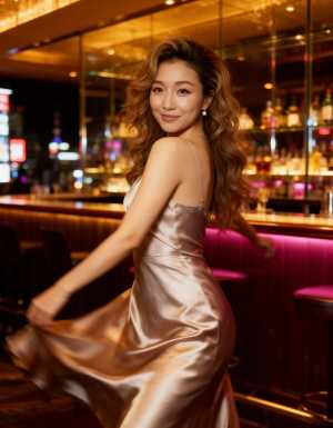 薄暗いバーの中で、豪華なサテンのドレスを着て自信を持ってポーズをとる女性を横から撮っ...。