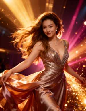 きらめく金色のドレスを着た女性が光の効果を背景に踊る様子を、正面カメラのアングルから...。