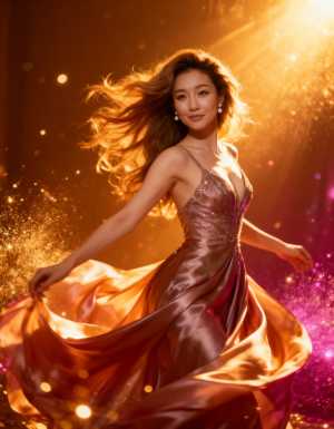 流れるようなオレンジ色のドレスを着た美しい女性が、金色とピンクの光と輝きのきらめく背...。