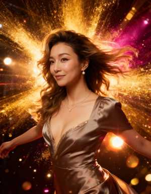 長くウェーブのかかった茶色の髪をした美しい女性が、大きく開いたネックラインと V ネ...。