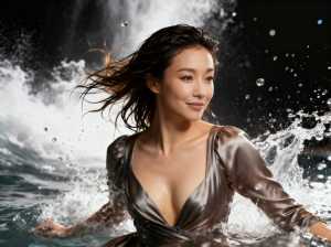 長くウェーブのかかった黒髪を持ち、体型を強調する絹のような深いVネックの茶色のドレス...。