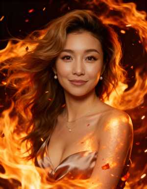 炎と散りばめられた花びらに囲まれた、シルクのようなストラップレスのドレスを着た、ウェ...。