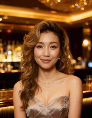 ウェーブのかかった茶色の長い髪を持ち、体型を強調するストラップレスの絹のような茶色の...。