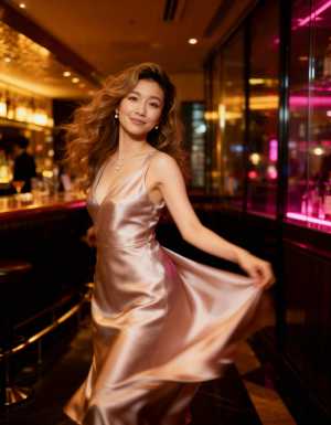 薄暗いバーの中で、流れるようなシルクのような長いドレスを着た女性を横から撮った写実的...。