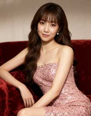 ウェーブのかかったダークブラウンの長い髪を持つ若い女性が、恋人のようなネックラインの...。