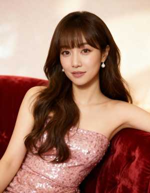 柔らかくぼやけた背景に、ストラップレスのピンクのスパンコールのドレスを着て、豪華な赤...。