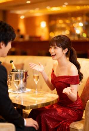 赤いスパンコールのドレスを着た若い女性がシャンパンを飲みながらテーブルに座り、豪華な...。