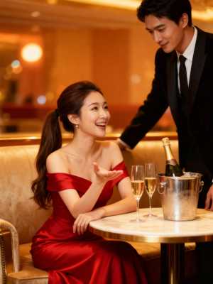 赤いオフショルダーのドレスを着た女性がテーブルに座り、その前にシャンパンが 2 杯あ...。