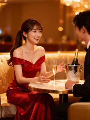 見事な赤いスパンコールのドレスを着た若い女性が豪華なレストランのテーブルに座り、シャ...。