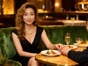 高級レストランのテーブルに座り、黒いドレスと真珠のネックレスを身に着け、後ろの男性と...。