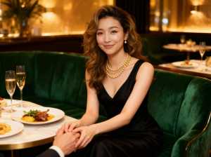 高級レストランのテーブルに座り、黒いドレスとパールを身に着け、カメラに向かって微笑む...。