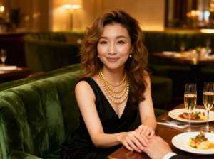 高級レストランのテーブルに座り、黒いドレスとパールを身に着け、カメラに向かって微笑む...。