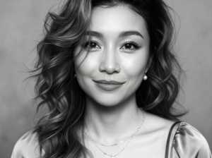 ウェーブのかかった濃い茶色の長い髪と中性的な表情を持つ若い女性の白黒のポートレート。