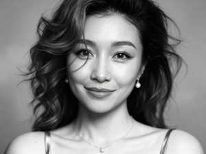 ウェーブのかかった黒髪の若い女性が、温かく魅力的な笑顔でカメラを直接見つめている白黒...。