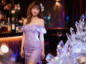 オフショルダーの袖がついた薄紫のレースのドレスを着て、髪に花を添えた若い女性が、薄暗...。