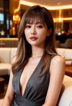 ポートレート カメラの角度から撮影された、長くストレートな茶色の髪と前髪を持つ若い女...。