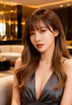 ポートレートカメラの角度から撮影した、長くウェーブのかかった茶色の髪と白い肌を持つ若...。