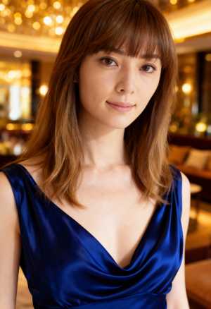 青いシルクのドレスを着た、長くまっすぐな茶色の髪と前髪を持つ若い女性のポートレート。