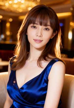 胸の谷間が見える青いサテンのドレスを着た、長くストレートな茶色の髪と前髪を持つ若い女...。