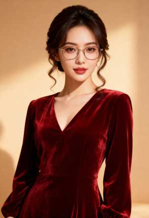 柔らかいベージュの背景に、赤いベルベットのドレスを着て眼鏡をかけ、自信を持ってポーズ...。