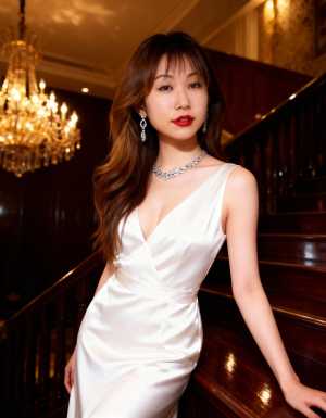 壮大なシャンデリアを背景に、豪華な部屋の階段でポーズをとる白いフォーマルドレスを着た...。