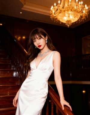 大きなクリスタルのシャンデリアに照らされた、豪華な屋内環境の階段に立つ、白いフォーマ...。