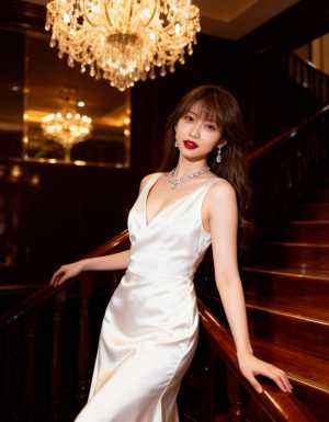 豪華な白いドレスを着て、きらめくシャンデリアが飾られた大階段でポーズをとる女性を横か...。