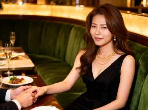 黒いドレスと真珠のネックレスを身に着け、レストランのテーブルに座り、男性と手を繋いで...。