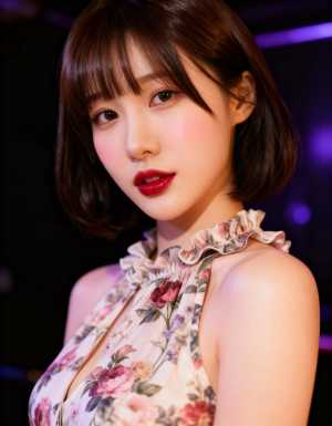 花柄のドレスを着た、ショートボブのヘアカットを持つ若い女性の写実的なポートレート。