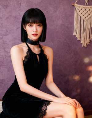 レースのトリムが付いた黒いドレスを着て、紫の壁に向かってリラックスしたポーズで座って...。