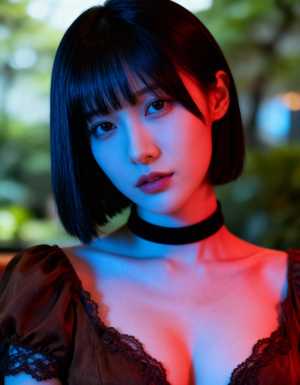 レースのディテールが施された茶色のドレスと黒いチョーカーを着た、ショート ボブのヘア...。